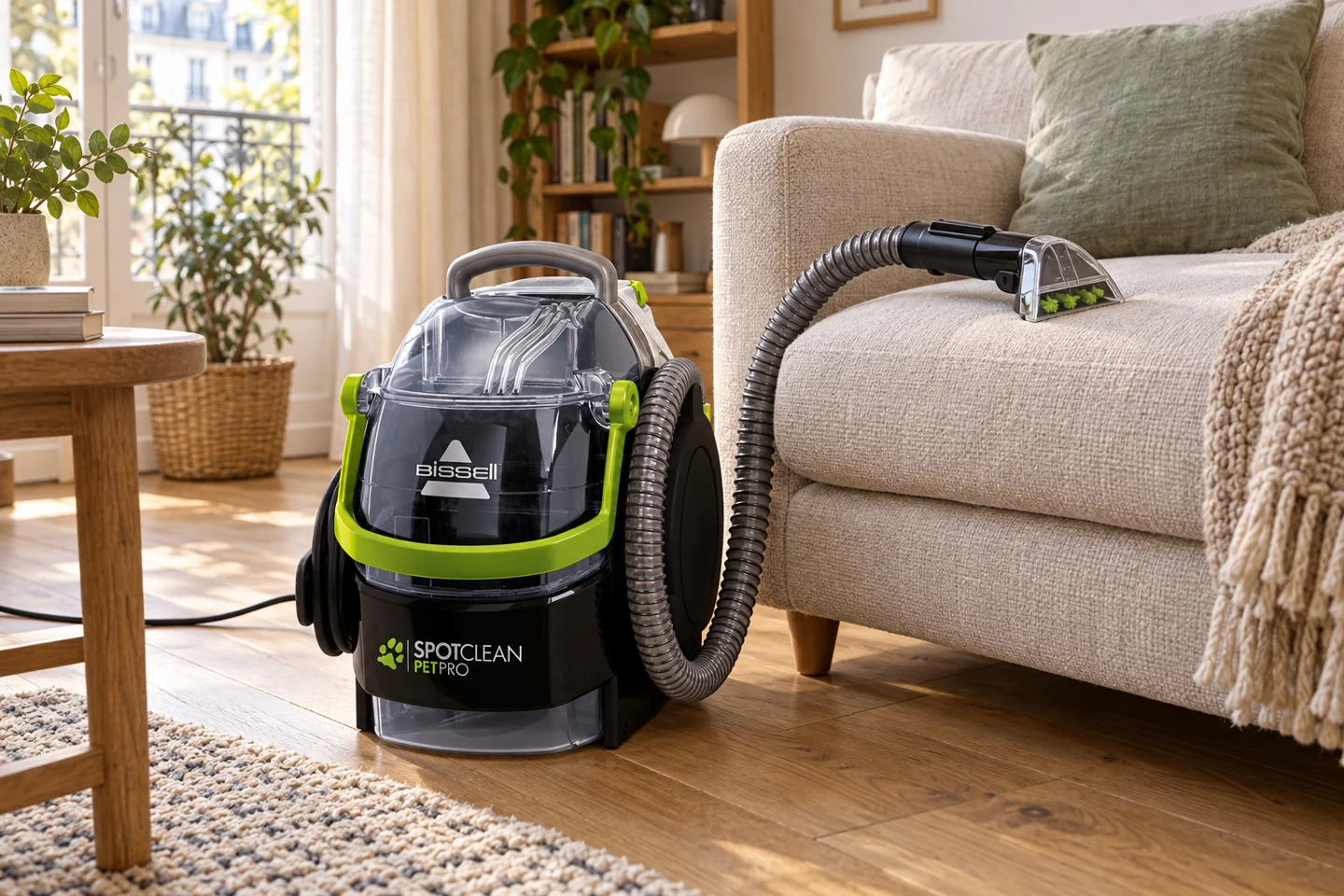 BISSELL Pet Pro près d’un canapé, mise en situation illustrative